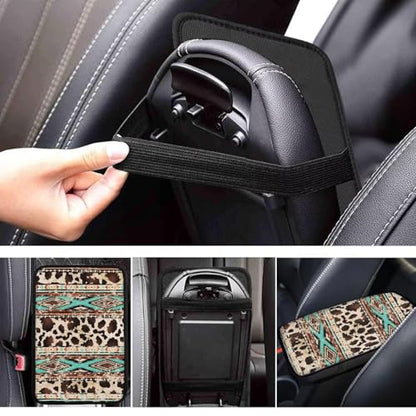 Wanyint Auto Center Console Pad, Easy to Install Armrest Cover, Car Accessories Fit Most Vehicles SUV Truck Van Sedans, Aztec Brown Cow Print Retro - color: Aztec Brown Cow Print Retro