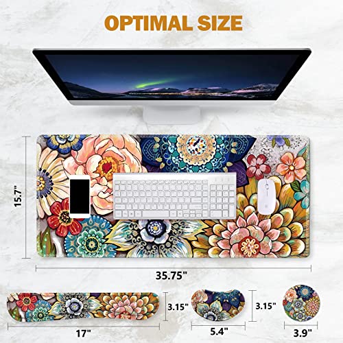 ToLuLu Extended Gaming Mouse Pad, Memory Foam Ergonomic Keyboard Mouse Wrist Rest Support Set, Large Desk Mat with Stitched Edges, Non-Slip Base Mousepad for Home Office Game, Colorful Flower - color: Colorful Flower