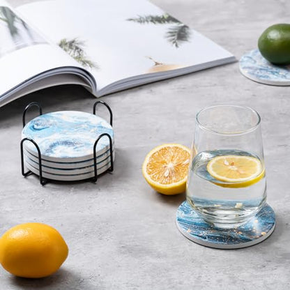 Hoewina 6Pcs Drink Coasters with Holder, Marble Style Ceramic Drink Coaster, Absorbent Coasters Set Suitable for Kinds of Cups, Modern Style Coaster for Coffee Table, 4 Inches（Style 9） - color: Style 9