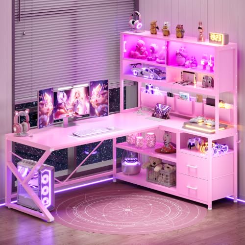 SEDETA L Shaped Gaming Desk, Home Office Computer Desk with 2 Drawer and Bookshelf, L Shaped Gaming Desk with LED Light, Glass Cabinet and Storage Bag, Corner Desk with Storage Shelves, Pink - color: Pink