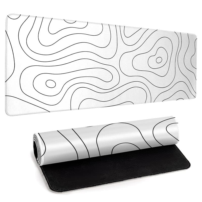 White Large Gaming Mouse Pad Desk Pad Topographic Map Big Keyboard Mat 31.5x11.8inch Computer Mousepad with Stitched Edge Non-Slip Rubber Base - color: White Topographic Map