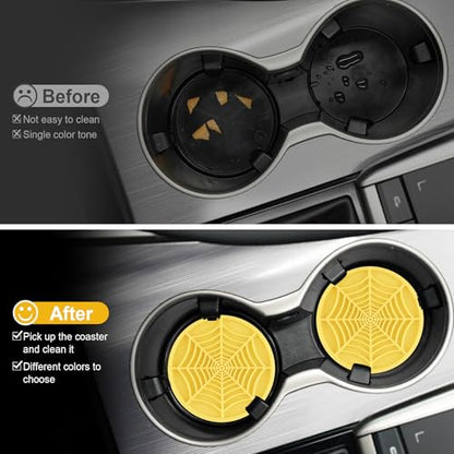 Alpmosn 4PCS Spider Web Car Cup Holders, Halloween Non-Slip Silicone Insert Coasters, Automotive Cupholder Goth Accessories for Men & Women (Yellow) - color: Yellow