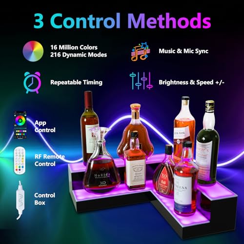 Corner Led Lighted Liquor Bottle Display Shelf, 20 Inch 2 Tier Whiskey Rack, Support USB, Bar Stand with RF Remote & App Control, Illuminated Acrylic Lighting Shelves for Home Bar, Party - size: 20" Corner 2 step