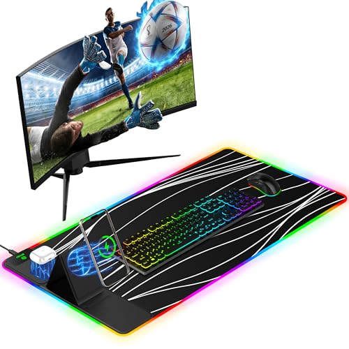 Mouse Pad with Foldable Phone Holder & Wireless Charger, XXL RGB Gaming Mousepad 31.5"x15.8" Large Desk Mat for Keyboard, Black Desk Pad with Dual Qi Charging Station | 11 Colors 5 Modes - color: Wave-Phone Holder-31.5"x15.8"