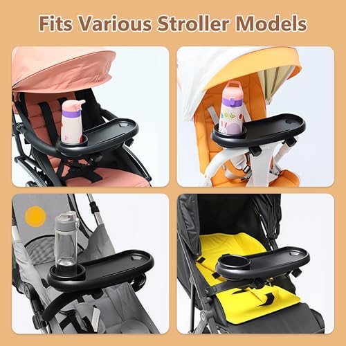 Li&Zhao Universal Stroller Snack Tray 3-in-1 Detachable Stroller Snack Tray Attachment with Secure Phone Holder, Spill-Proof Cup Holders Compartments, Easy-Clean Universal Snack Tray for Stroller - color: C-Black