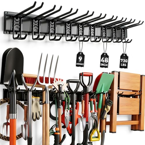ELEAD 9-Pairs Heavy Duty Garage Tool Organizer Wall Mount Hooks, 48 Inches 730 lbs Garden Tool Organizer with Adjustable Hooks, Yard Tools Organizers for Garden, Yard, and Shed - color: Heavy Duty 48-Inch (9-Pairs)