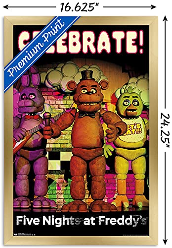Trends International Five Nights at Freddy's - Celebrate Wall Poster, 14.725" x 22.375", Gold Framed Version - color: Gold Framed Version, size: 22.4"L x 14.7"W