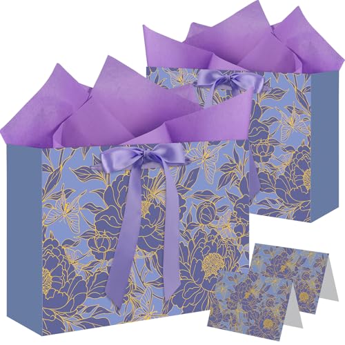 woric 2 Pcs Purple Gift Bag with Handle, 13.7" Birthday Gift Bags for Women | Floral Designs, Ribbon Handle, 4 Tissue Paper & 2 Greeting Cards, Women Birthday, Anniversary, Wedding Bridal Showers - color: Purple