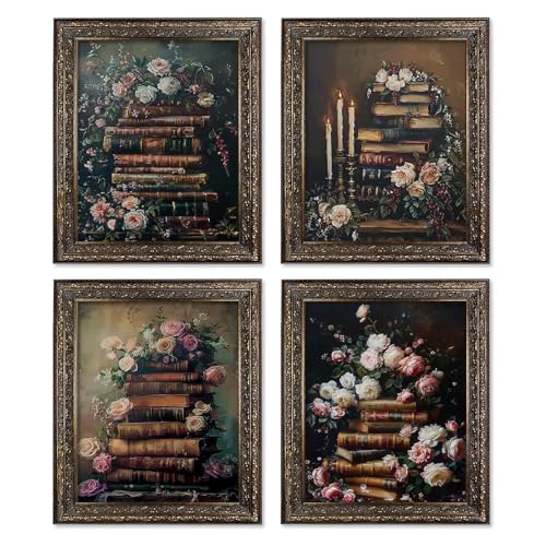 Locomiss Vintage Floral Books Wall Art Decor Posters, Dark Cottagecore Flower Books Wall Decor, Reader Gift, Vintage Moody Art Prints for Bathroom Farmhouse, Set of 4 (8x10 Unframed) - color: dark, size: 8x10 Inches