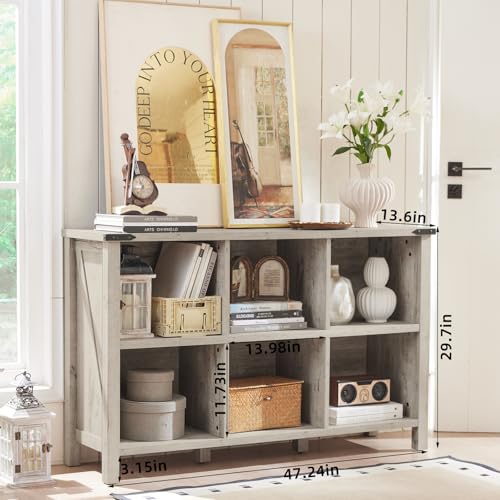 Joaxswe Farmhouse 6 Cube Bookshelf, Rustic Grey Oak Wooden Storage Organizer Book Shelf, 47 Inch Cubby Hallway Bookcase, Kids Toy Storage Cabinet, Modern Open Book Case for Living Room, Hallway - color: Grey Oak, size: 6 Cube (13.6"D x 47.24"W x 29.7"H)