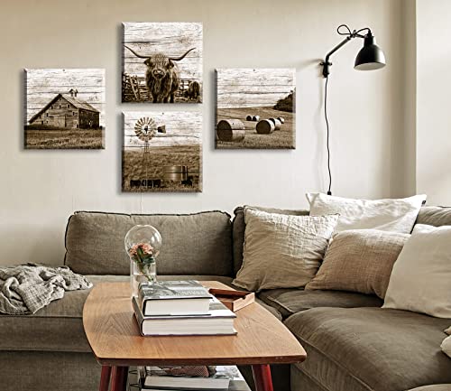 DJSYLIFE Farmhouse Highland Cow Canvas Wall Art, Rustic Western Decor 12×12 | Sepia Rustic Farm Print, Men Bedroom Office Decor, Canvas Wrapped Frame, 4 Panel Set, Ready Hang, Western Farmhouse Wall Art - color: farmhouse