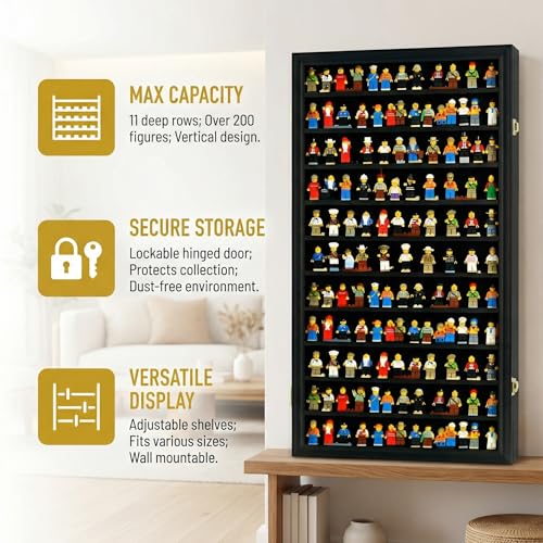 DisplayGifts Building Block Toy Minifigures Miniatures Thimble Display Case Wall Cabinet Standing Plates Included, UV Protection Door Black Finish Frame - size: X Large - Black