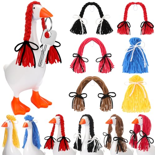 Suncalla 6 Pcs Mini Desk Goose Wigs Hand Knitted Goose Outfits 7'' Desk Geese Braid Accessories Wig Crochet Hook Wig for Xmas Gift 7 Inch Geese Figurine Desktop Home Decoration