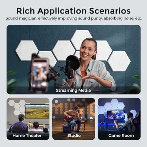 Self-Adhesive Acoustic Panels [390 lbs/yd³ Ultra-High Density], 2nd Generation Sound Absorbing Panel, Professional Level Sound Panel, Polyester Soundproof Foam [Medium Hexagon, White] - color: White, size: Medium Hexagon (12''x10''x0.4'')