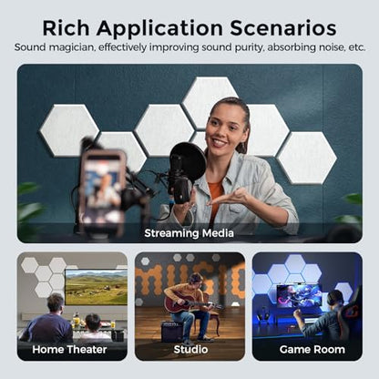 Self-Adhesive Acoustic Panels [390 lbs/yd³ Ultra-High Density], 2nd Generation Sound Absorbing Panel, Professional Level Sound Panel, Polyester Soundproof Foam [Medium Hexagon, White] - color: White, size: Medium Hexagon (12''x10''x0.4'')