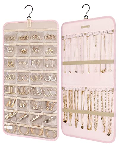 BAGSMART Hanging Jewelry Organizer Storage Roll with Hanger Metal Hooks Double-Sided Jewelry Holder for Earrings, Necklaces, Rings on Closet, Wall, Door, 1 piece, Medium, Pink - color: Pink, size: Medium