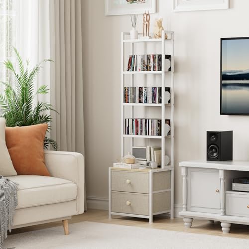 CD Storage Rack with Drawer, 5-Tier DVD Organizer Shelf w/Adjustable Book Stoppers, Media Storage Rack for CD/DVD, Books & Games, Ideal for Living Room & Home Office – 15.7x11.8x56.5Inches - color: White