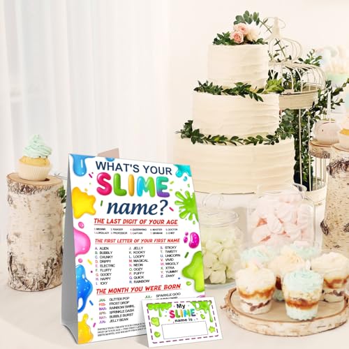 Birthday Party Activity Card Set, Fun Theme Party Decor with Name Sign and Decorative Stickers, Guest Interaction Table Decor for Adult Birthday Celebrations - style: Slimes