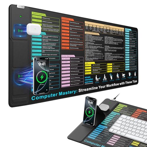 Wireless Charging Mouse Pad with Foldable Phone Holder, 31.5"x15.8" XXL Excel Cheat Sheet Desk Mat for Laptop/Keyboard, Waterproof Ultra-Smooth Surface, Non-Slip Base - color: Black-31.5"x15.8"-Excel Shortcuts-Phone Holder