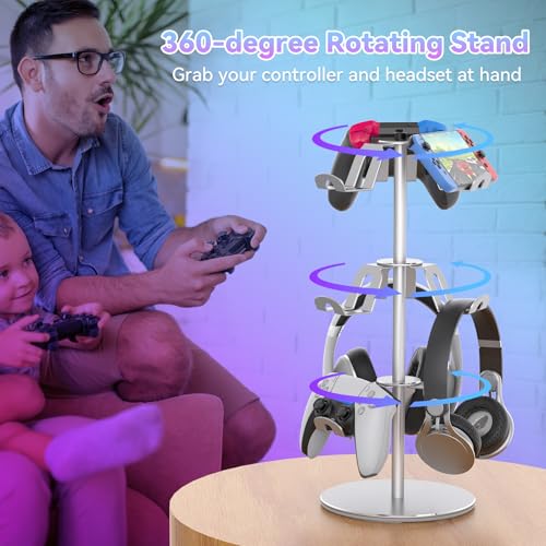 Controller Stand Compatible with Xbox PS5 PS4 Nintendo Switch Pro, 3 Tier Aluminum Gaming Headset Stand, Rotatable Headphone Controller Holder Organizer Rack, Universal & Large Capacity, Silver - color: Silver