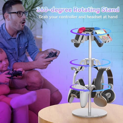 Controller Stand Compatible with Xbox PS5 PS4 Nintendo Switch Pro, 3 Tier Aluminum Gaming Headset Stand, Rotatable Headphone Controller Holder Organizer Rack, Universal & Large Capacity, Silver - color: Silver