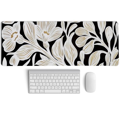 Black Beige Floral Mouse Pad,Vintage Botanical Desk Mat,Medieval Aesthetic Neutral Flower Large Mousepad for Home Office Dorm Desktop Decor,31.5x11.8 Inch - color: Floral Black Beige XL