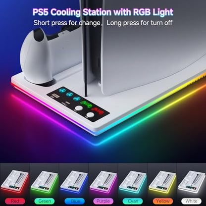PS5 Cooling Station Stand RGB with Dual Controller Charging Station for PlayStation 5 Console, PS5 Accessories Incl. Controller Charger, Cooling Fan, Headset Holder, 3 USB Hub