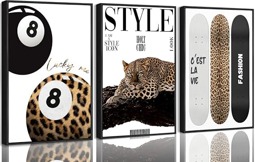 3Pcs Black Framed Trendy Leopard Wall Art Preppy Aesthetic Stylish Leopard Painting Picture Wall Decor Funky Lucky 8 Ball Cheetah Poster Print Artwork for Bedroom Living Room Bathroom Home Decoration - color: Framed, size: 16"L x 12"W
