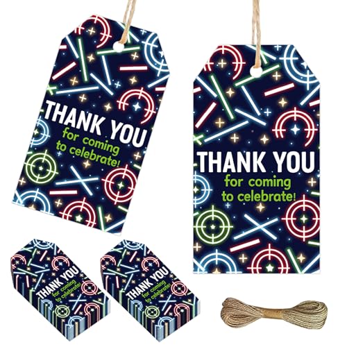 50PCS Laser Tag Thank You Tags Neon Shooting Game Gift Tags Labels for Kids Lazer Birthday Party Decors Favors Gifts Wrapping