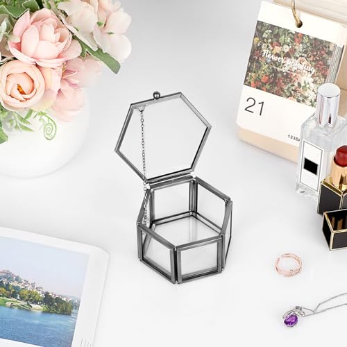 Hipiwe Vintage Glass Jewelry Box - Black Hexagonal Jewelry Display Organizer Keepsake Box Home Decorative Box Case for Trinket Ring Earring Chest, Small - color: Black, size: Small