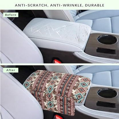 Wanyint Aztec Brown Cow Print Car Center Console Cushion Cover Comfortable Armrest Seat Box Lid with Organizer Pockets Anti-Scratch Arm Rest Covering Suitable for Most Cars SUVs Trucks - color: Aztec Brown Cow Print