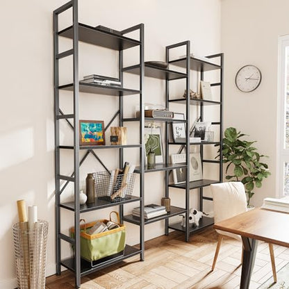 SUPERJARE Triple Bookshelf, Bookcase with 14 Open Display Shelves, Wide Book Shelf Book Case for Home & Office, 5 Tier, Black - color: Black, size: 5 Tier