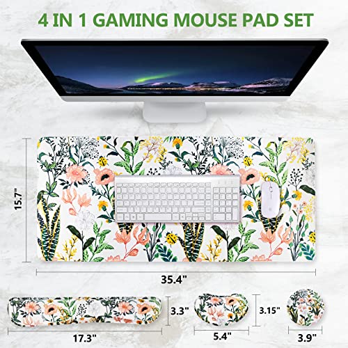 DINKY Keyboard Mouse Pad Set, Large Gaming Mousepad + Memory Foam Ergonomic Keyboard Wrist Rest Support, Easy Typing Pain Relief, 4Pcs (35.4" x 15.7") Extended Desk Mat -Beautiful Floral