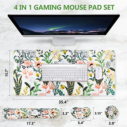 DINKY Keyboard Mouse Pad Set, Large Gaming Mousepad + Memory Foam Ergonomic Keyboard Wrist Rest Support, Easy Typing Pain Relief, 4Pcs (35.4" x 15.7") Extended Desk Mat -Beautiful Floral