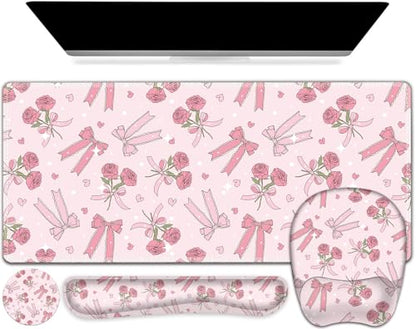Pink Mouse Pad with Wrist Support 4 in1 Set, XXL Big Game Mousepad + Keyboard Wrist Rest + Mouse Wrist Rest Pad +Coaster Gaming Mat for Home Office Work Computer Laptop PC I Sweet Rose & Heart Bow - color: Sweet Rose & Heart Bow