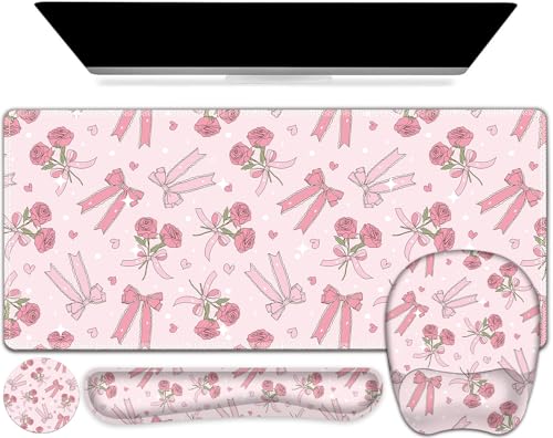 Pink Mouse Pad with Wrist Support 4 in1 Set, XXL Big Game Mousepad + Keyboard Wrist Rest + Mouse Wrist Rest Pad +Coaster Gaming Mat for Home Office Work Computer Laptop PC I Sweet Rose & Heart Bow - color: Sweet Rose & Heart Bow