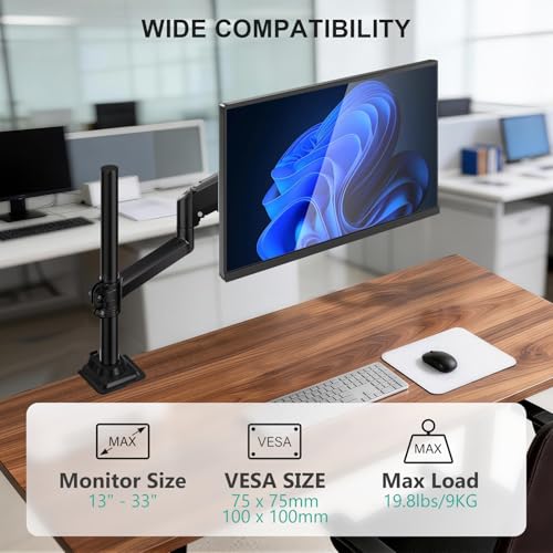 WALI Single Monitor Arm 13-33 Inch, Single Monitor Mount, Vesa Desk Mount up to 19.8lbs Single Monitor Stand with Clamp, VESA 75x75mm or 100x100mm Compatibility(GSDM001), Black - size: 13" to 33"