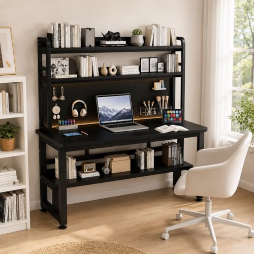 40 Inch Gaming Computer Desk with Built-in Power Outlet & LED Lights | Home Office Desk with Hutch, Pegboard & Storage Shelves | Space-Saving Workstation (Black) - color: Black, size: 40inch