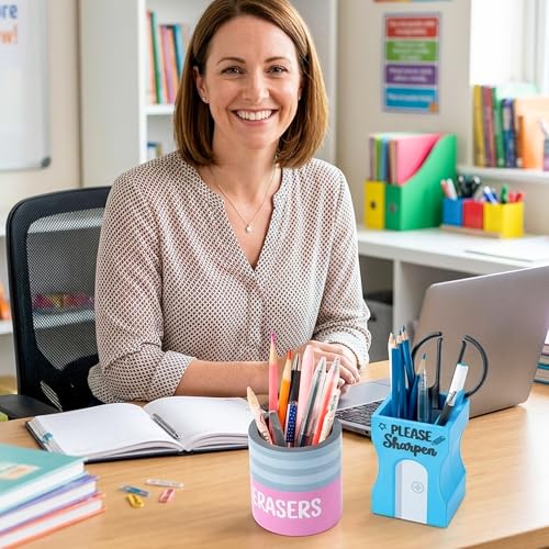 MALLMALL6 3Pcs Pencil Sharpen Eraser Shaped Pencil Holder, Back to School Wooden Caddy Case Gifts for Kid Student, No Assembly Sharp Dull Shaped Desktop Dispenser Storage Organizer for Classroom Decor - style: Pencil & Sharpen & Eraser