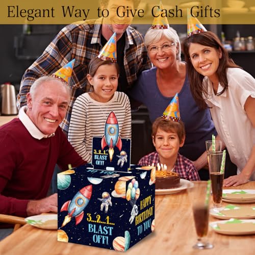 ChillHui Outer Space Birthday Money Gift Boxes for Cash, Astronaut Birthday Money Pull Box for Boys Girls - color: Black Astronaut