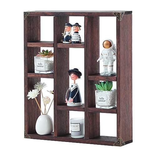 17.7x15.7-Inch Shadow Box Shelf 9-Slot Rustic Floating Shelves Larger Wall Mounted Shelf Lightweight Solid Wood Display Shelf Freestanding Farmhouse(Set of 2,9C-Rustic Walnut) - color: 9c-rustic Walnut, size: 2 PCS