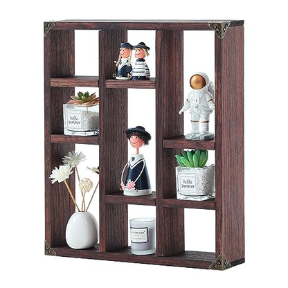 17.7x15.7-Inch Shadow Box Shelf 9-Slot Rustic Floating Shelves Larger Wall Mounted Shelf Lightweight Solid Wood Display Shelf Freestanding Farmhouse(Set of 2,9C-Rustic Walnut) - color: 9c-rustic Walnut, size: 2 PCS