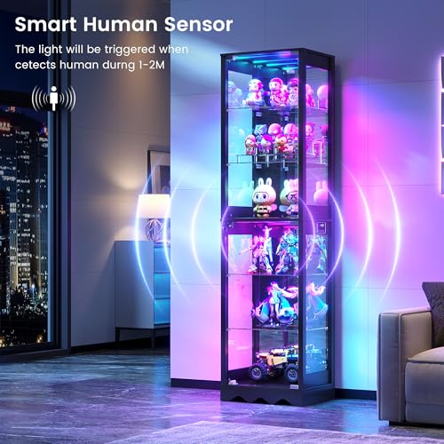 Dystler Display Cabinet with Glass Doors, 6 Tier RGB Lights Curio Cabinet | Adjustable Shelves, Human Sensor Lighting, Modern LED Display Case for Collectibles, Black - color: Black