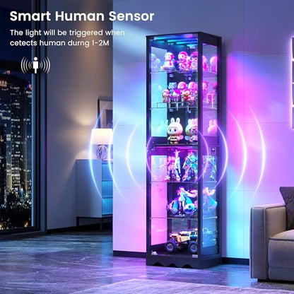 Dystler Display Cabinet with Glass Doors, 6 Tier RGB Lights Curio Cabinet | Adjustable Shelves, Human Sensor Lighting, Modern LED Display Case for Collectibles, Black - color: Black