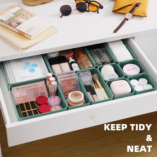 CHANCETSUI 11-Piece Stackable Drawer Organizer Set, Multi-size Desk Drawer Organizer Trays Vanity Storage Bins for Storing Makeup, Stationery, Utensils in Bathroom Dresser, Office and Kitchen - color: Green