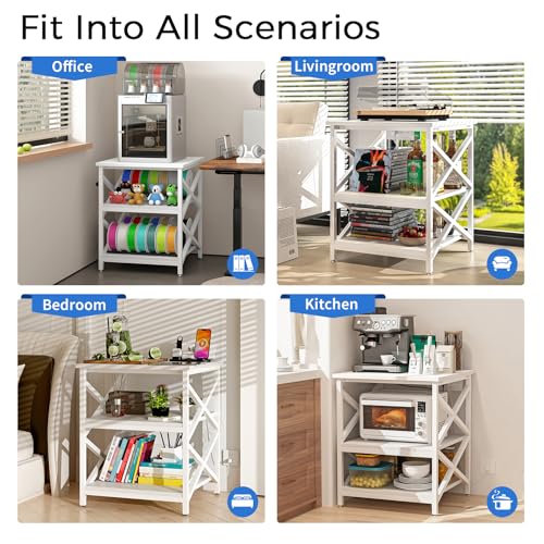 METYERRY Large Printer Stand with Power Outlet, with Height Adjustable Storage Shelf, 3 Tier Rolling Printer Cart with Industrial Wheels, 23.6 x 23.6 Inches Printer Table for Home Office, White - color: White