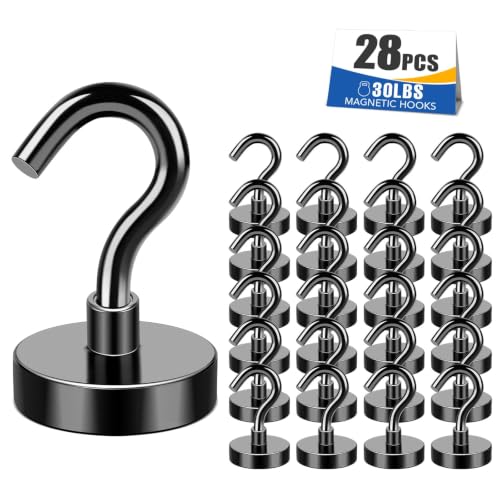 MIKEDE Magnetic Hooks 28P for Outdoor Hanging 30LBS Black | Strong Magnetic Cruise Refrigerator Hooks for Hanging, Kitchen, Garage, Classroom, Beach Vacation Kitchen Grills - color: Black, size: 0.63×1.38 in