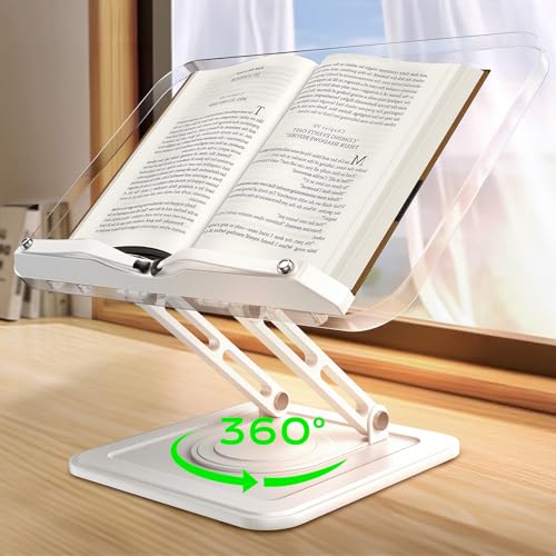Book Stand for Reading, Adjustable Book Holder with 360°Rotating Bases, Ergonomic Cookbook Stand Recipe Book Holder with Elastic Page Clips for Magazines, Tablets, Laptops,Acrylic White - color: Acrylic White