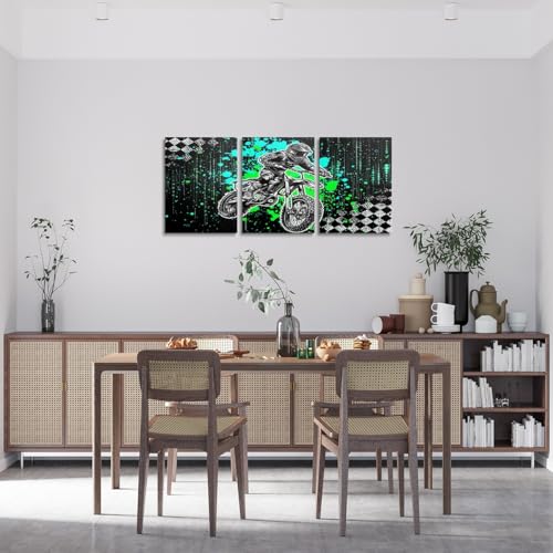 Feelyou Kids Boys 3 Piece Sport Motorcycle Canvas Wall Art for Living Room Dirt Bike Motocross Picture Wall Decor for Dining Room Bedroom Bathroom Wall Art Kitchen Print Painting for Home Decorations - color: Black Green