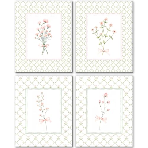 JINYO Pastel Pink Floral Wall Art Prints Set of 4, Cottagecore Room Decor, Grandmillennial Green Botanical Posters Pictures Wall Decor for Nursery Girls Bedroom Home, 8x10 Unframed - color: white
